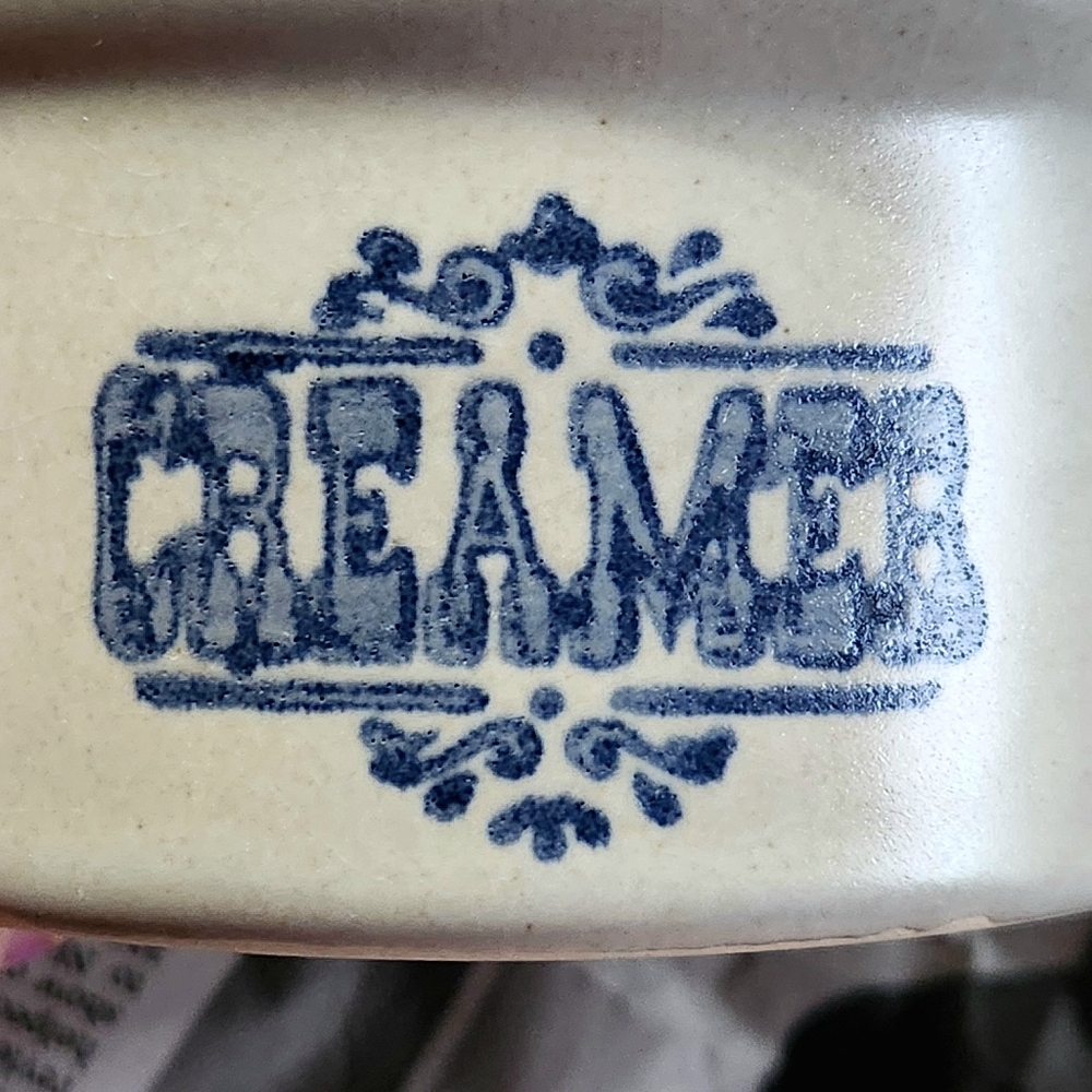 VTG *RARE* Mikasa Japan Stoneware Crock Set CREAMER & SWEETENER  Blue Typography - Picture 4 of 13
